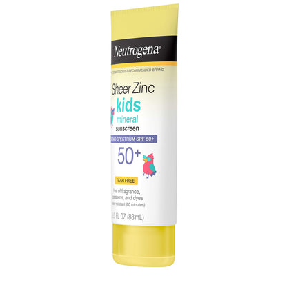 Neutrogena Sheer Zinc Oxide Kids Mineral Sunscreen Lotion, Broad Spectrum SPF 50+ with UVA/UVB Protection, Water-Resistant for 80 Minutes, Paraben-, Dye-, Fragrance- & Tear Free, 3 fl. oz