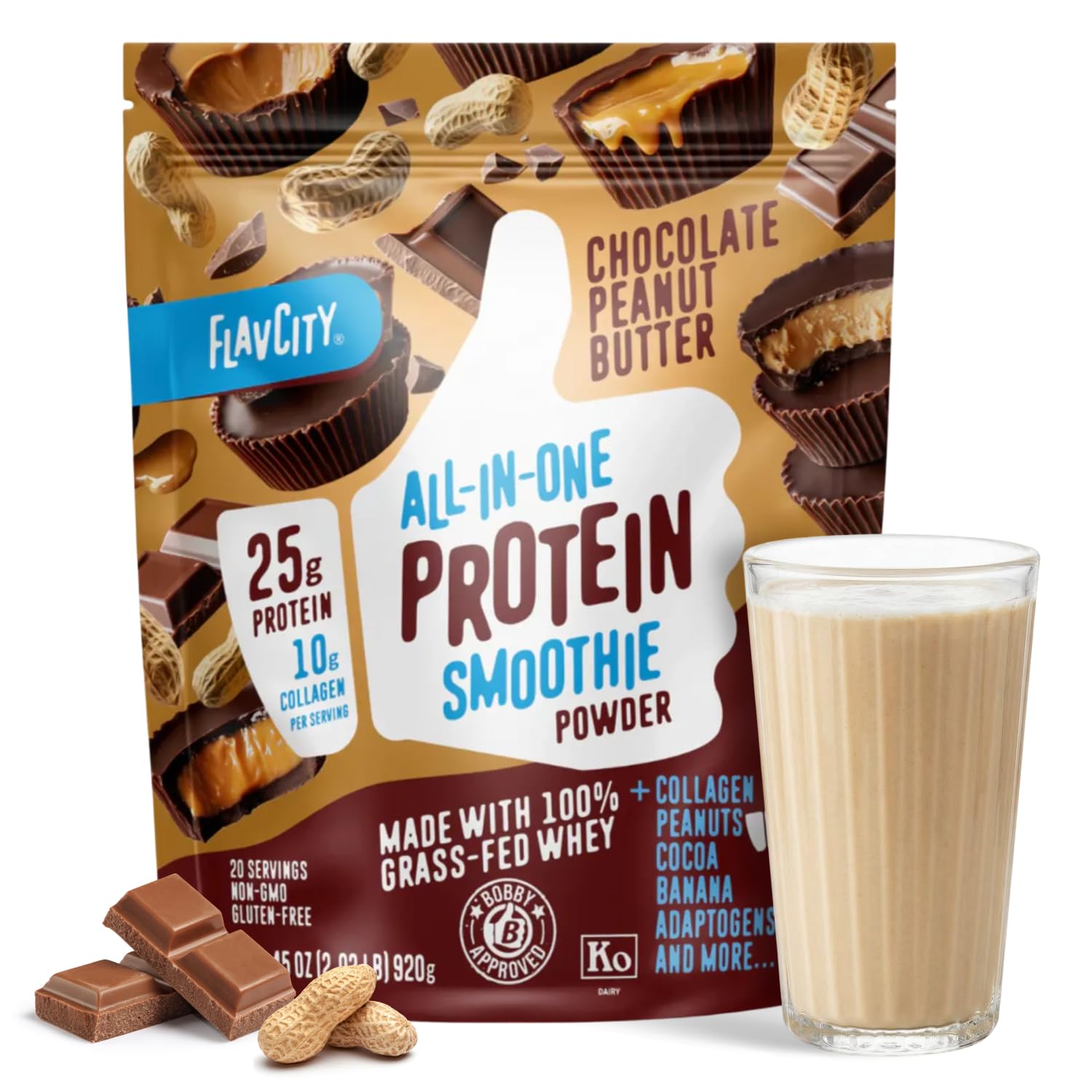 FlavCity Grass Fed Whey Chocolate Protein Powder - Chocolate Peanut Butter - 25g Protein & 10g Collagen - Made with Organic Cocoa & Coconut Milk - Gluten Free & No Added Sugars (20 Servings) FlavCity buy supplements Au