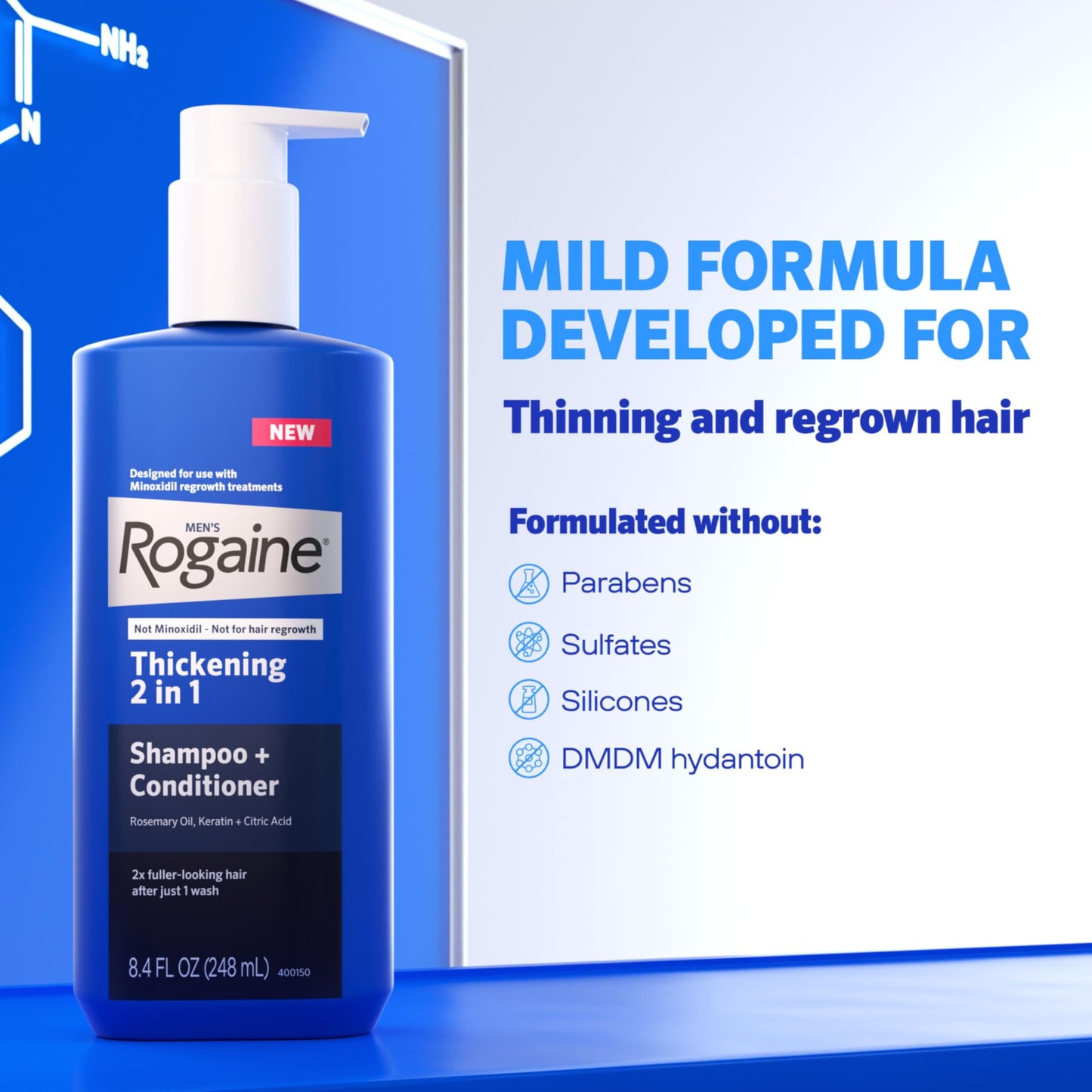 Rogaine Men's Thickening 2 in 1 Shampoo + Conditioner, Hair Thickening Shampoo & Conditioner with Rosemary Oil, Keratin & Citric Acid Leaves Hair