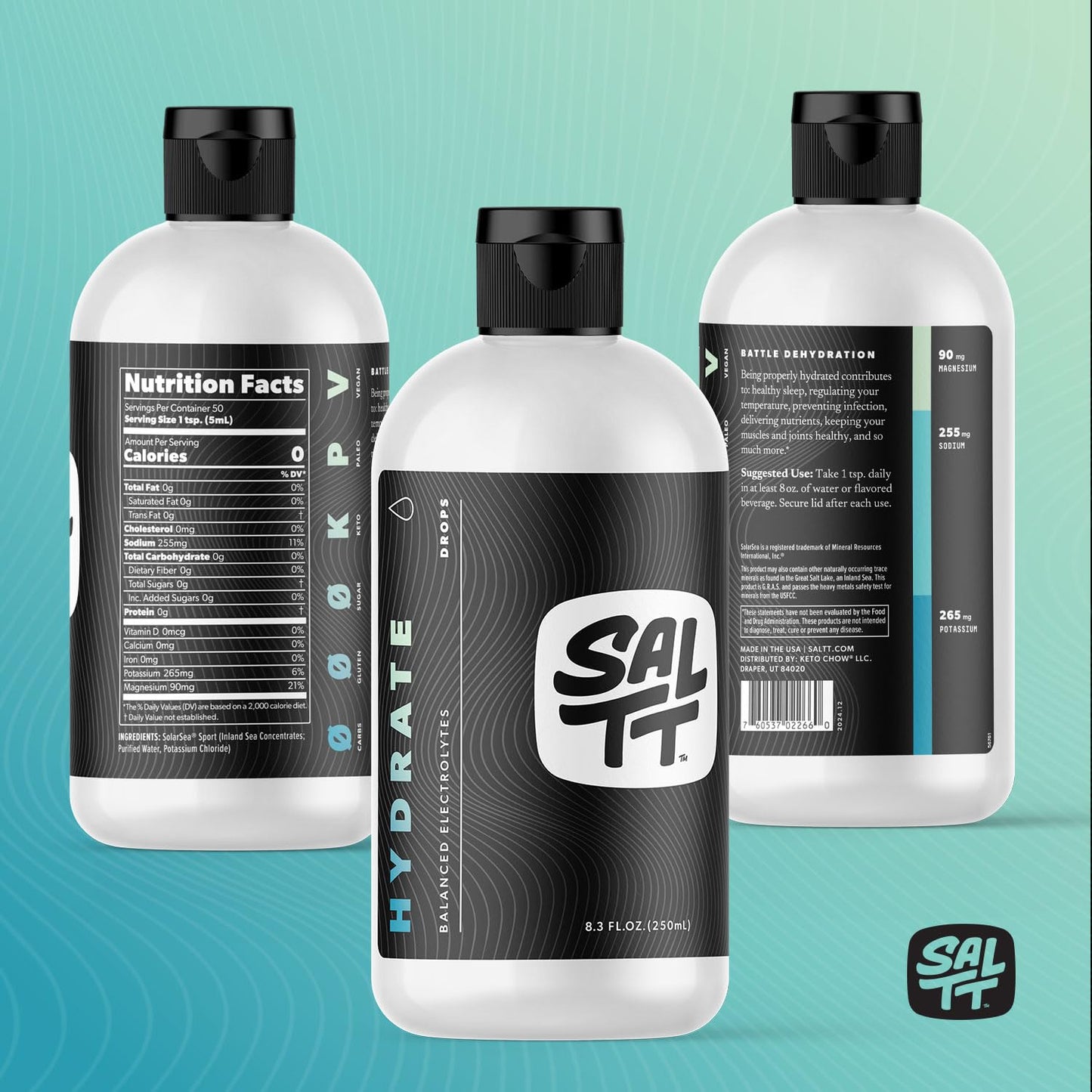 SALTT - Hydrate (8.3 oz) - Electrolytes Drops - Energy Boost - Sodium, Potassium, Magnesium, Zinc, Copper - Unflavored - Ultra Low Carb - Zero Sugar, Vegan, Gluten Free, Non GMO - By Keto Chow