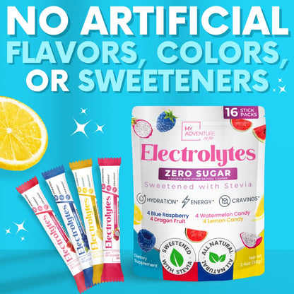 My Adventure to Fit Electrolytes Powder Packets – 16 Sugar-Free Hydration Packets, Potassium Supplement, Watermelon Candy, Blue Raspberry, Lemon Candy, Dragon Fruit