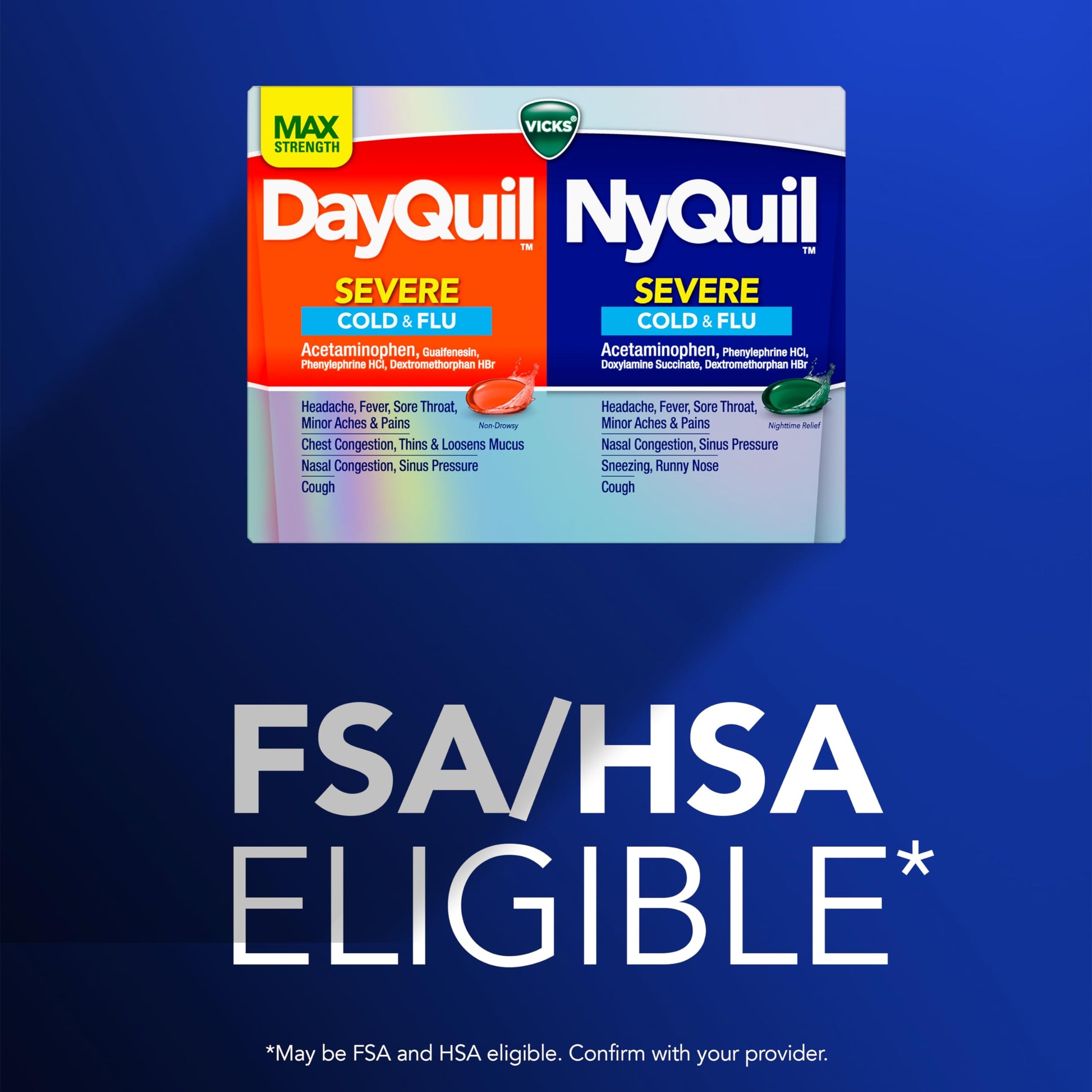 Vicks Dayquil & Nyquil Severe Co-Pack, Cold & Flu Medicine, Powerful Relief For Headache, Fever, Sore Throat, Minor Aches & Pains, Congestion, Sinus Pressure, Stuffy Nose, And Cough, 48 Liquicaps Vicks buy supplements Au