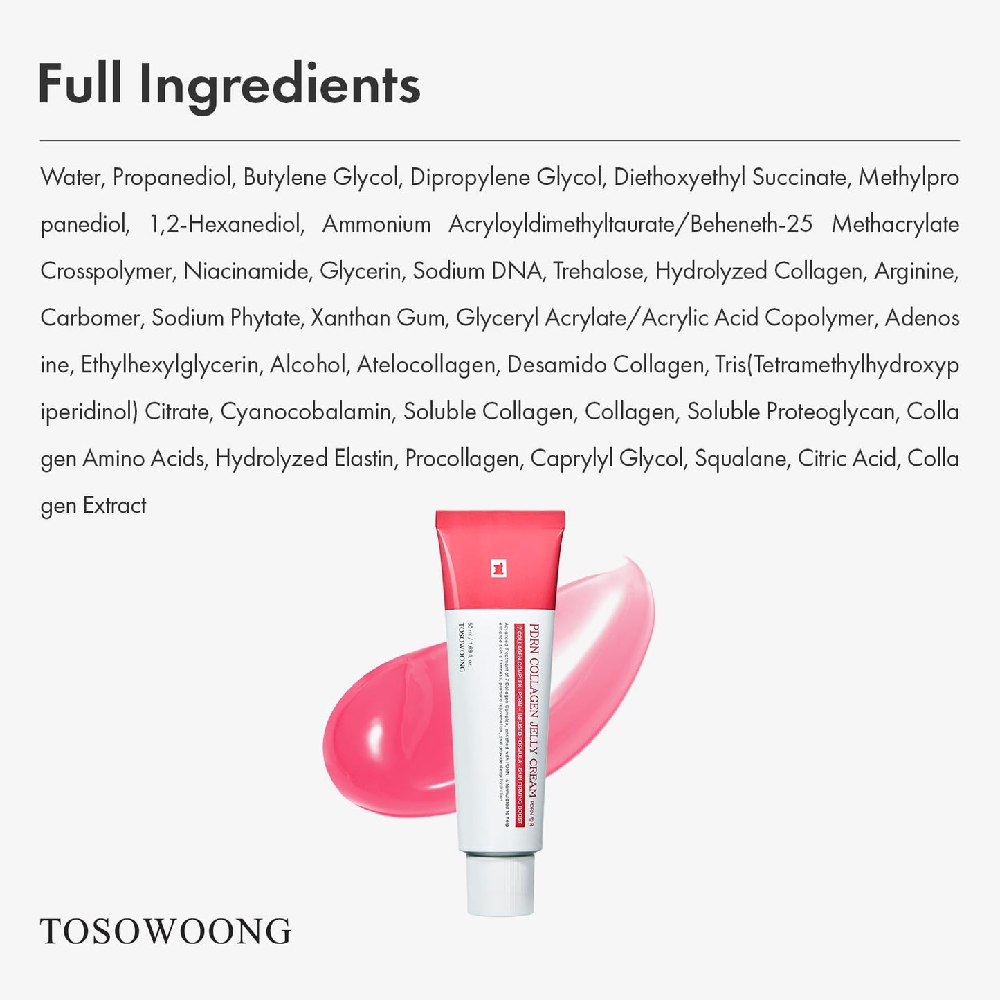 TOSOWOONG PDRN Collagen Jelly Cream, 5,000ppm Salmon DNA PDRN, Niacinamide
