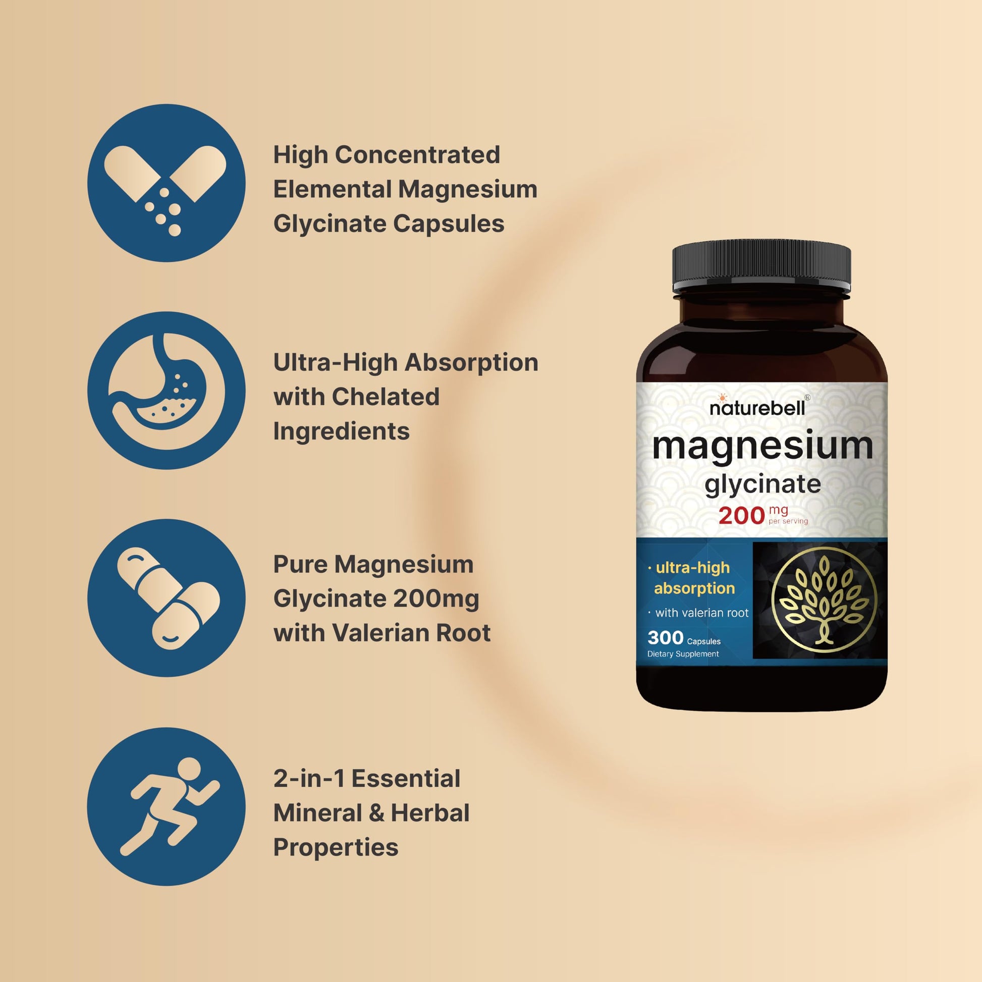 Pure Magnesium Glycinate for Sleep, 200mg with Valerian Root, 300 Capsules | 100% Chelated & Purified Mineral Supplement – Ultra High Absorption – Non-GMO, Gluten Free NatureBellBuy Supplements Australia