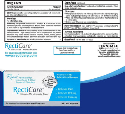 Recticare Anorectal Lidocaine 5% Cream: Topical Numbing Cream for Treatment of Hemorrhoids & Other Anorectal Disorders - 30g Tube RecticareBuy Supplements Australia
