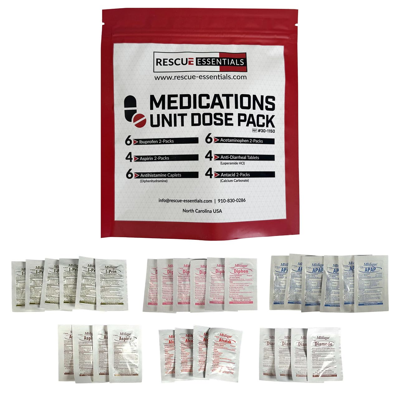 Rescue Essentials Medications Dose Pack–First Aid Refill Kit with Ibuprofen, Acetaminophen, Aspirin, Antihistamine, Anti-Diarrheal & Antacid– Compact Emergency Travel & IFAK Supply-1 Module (30 Doses) Rescue Essentials buy supplements Au