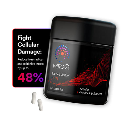 MitoQ supplement container with capsules on a white background