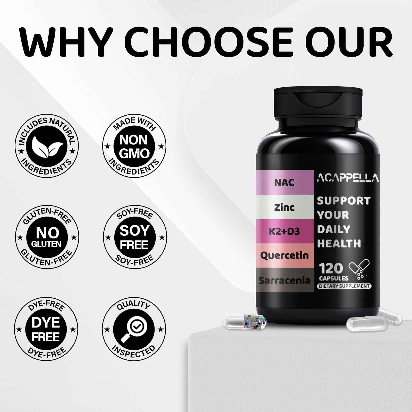 ACAPPELLA N-Acetyl Cysteine Vitamin D3 K2 Zinc Quercetin Sarracenia Purpurea NAC Supplement with Elderberry Holy Basil Bee Propolis Bromelain L-Lysin for Men & Women (1) ACAPPELLA buy supplements Au