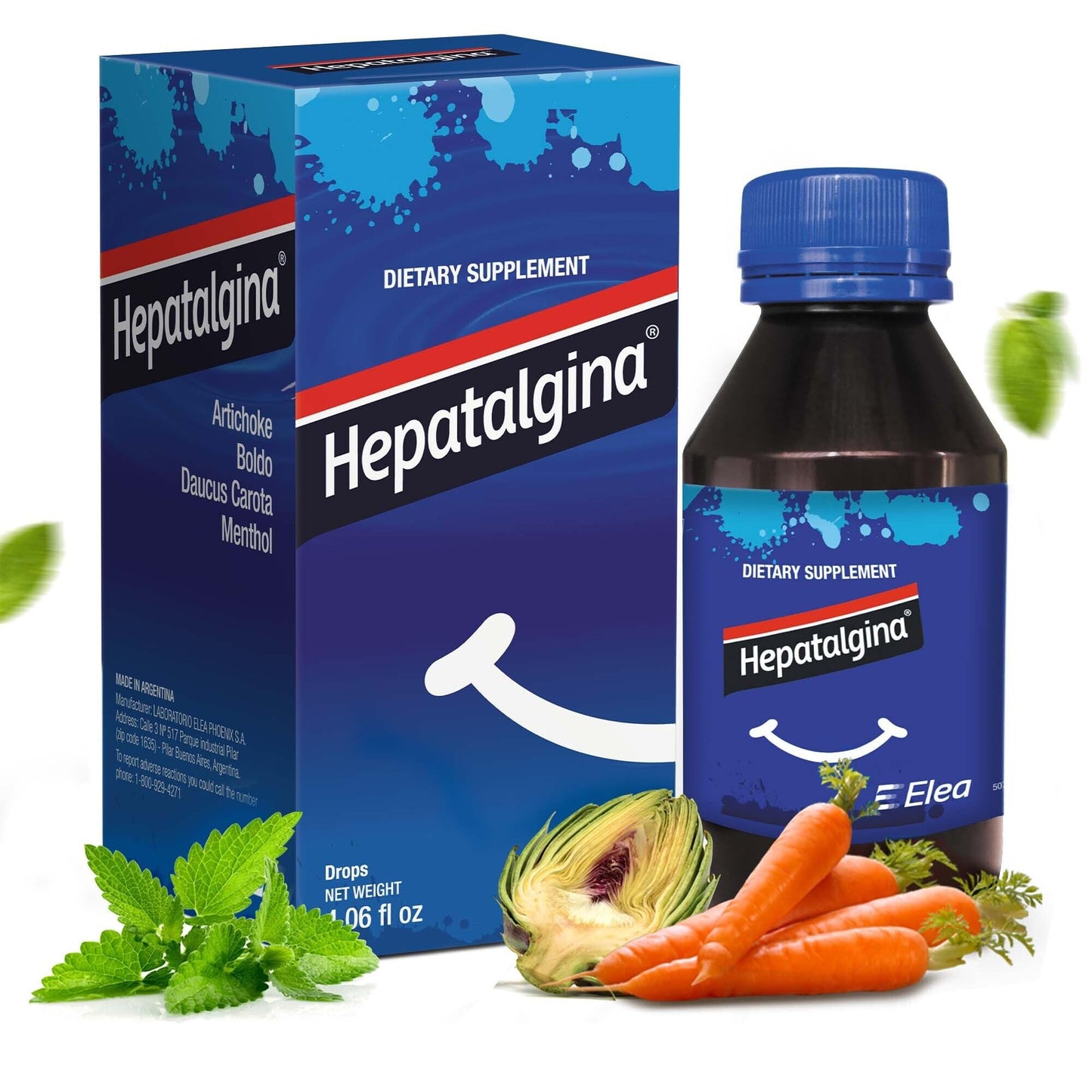 Hepatalgina dietary supplement bottle and packaging with vegetables on a white background