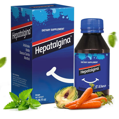 Hepatalgina dietary supplement bottle and packaging with vegetables on a white background