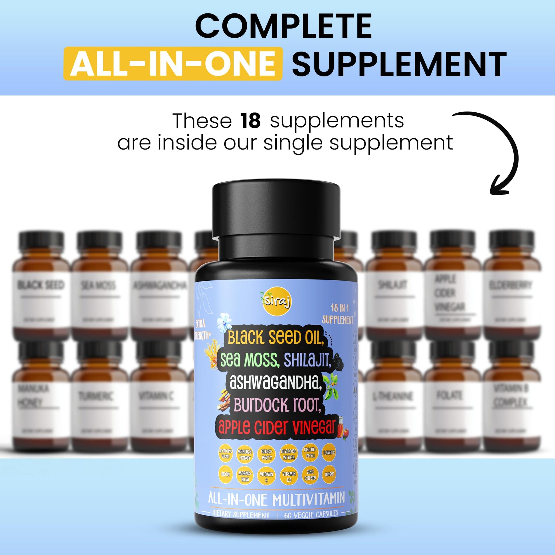 Siraj 18-in-1 Superfood Multivitamin - Irish Sea Moss, Black Seed Oil, Shilajit, Ashwagandha, 5% Thymoquinone, Burdock Root, Nootropic Supplement for Immunity, Focus, Energy and Mood - 60 Capsules SirajBuy Supplements Australia