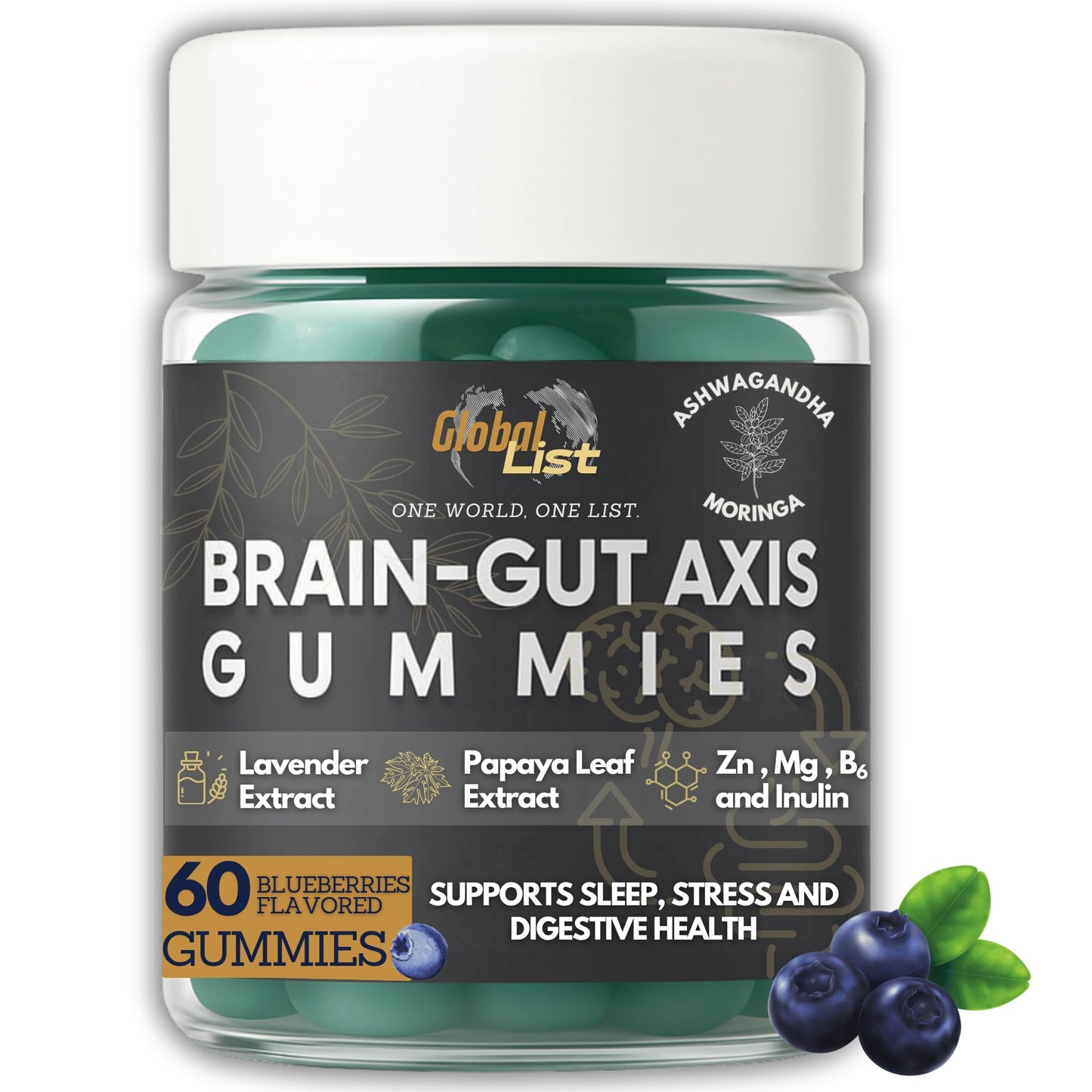 Gut Health & Bloating Relief Gummies – Digestion Support with Prebiotic Fiber, Inulin & Ashwagandha – Stress, Nervous Stomach, Sleep & Calm Support – Gut-Brain Axis Formula