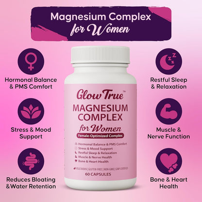 Magnesium Complex for Women – Spectrum 5-Form Magnesium Complex (500 mg), High Absorption Glycinate, Citrate, Oxide & Malate – Vegan, Non-GMO Supports Sleep, Energy, Hormone & Bone – 60 Capsules GlowTrue buy supplements Au