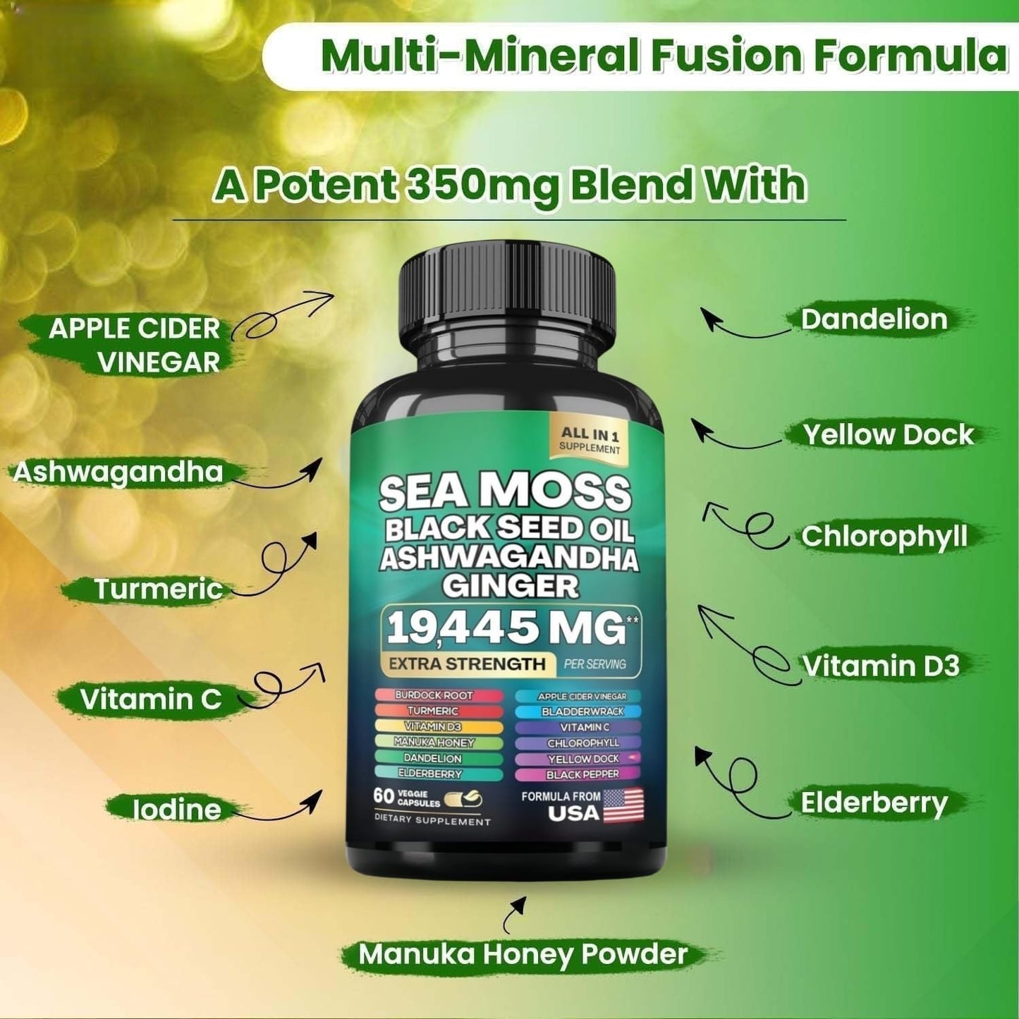 HealthyFinds Sea Moss Black Seed Oil Ashwagandha Ginger Capsules with Turmeric Bladderwrack Burdock & Vitamin C Vitamin D3 with Elderberry Manuka Dandelion Yellow Dock Iodine Chlorophyll ACV HealthyFindsBuy Supplements Australia