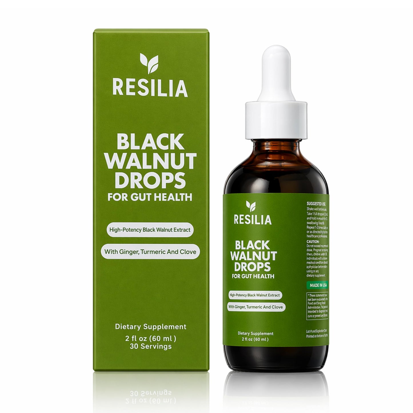 Resilia Black Walnut Drops for gut health packaging and bottle on a white background