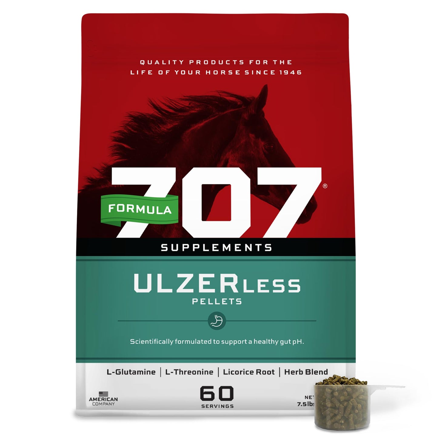 Bag of 707 Supplements Ulzerless Pellets for horses with a red and green design.