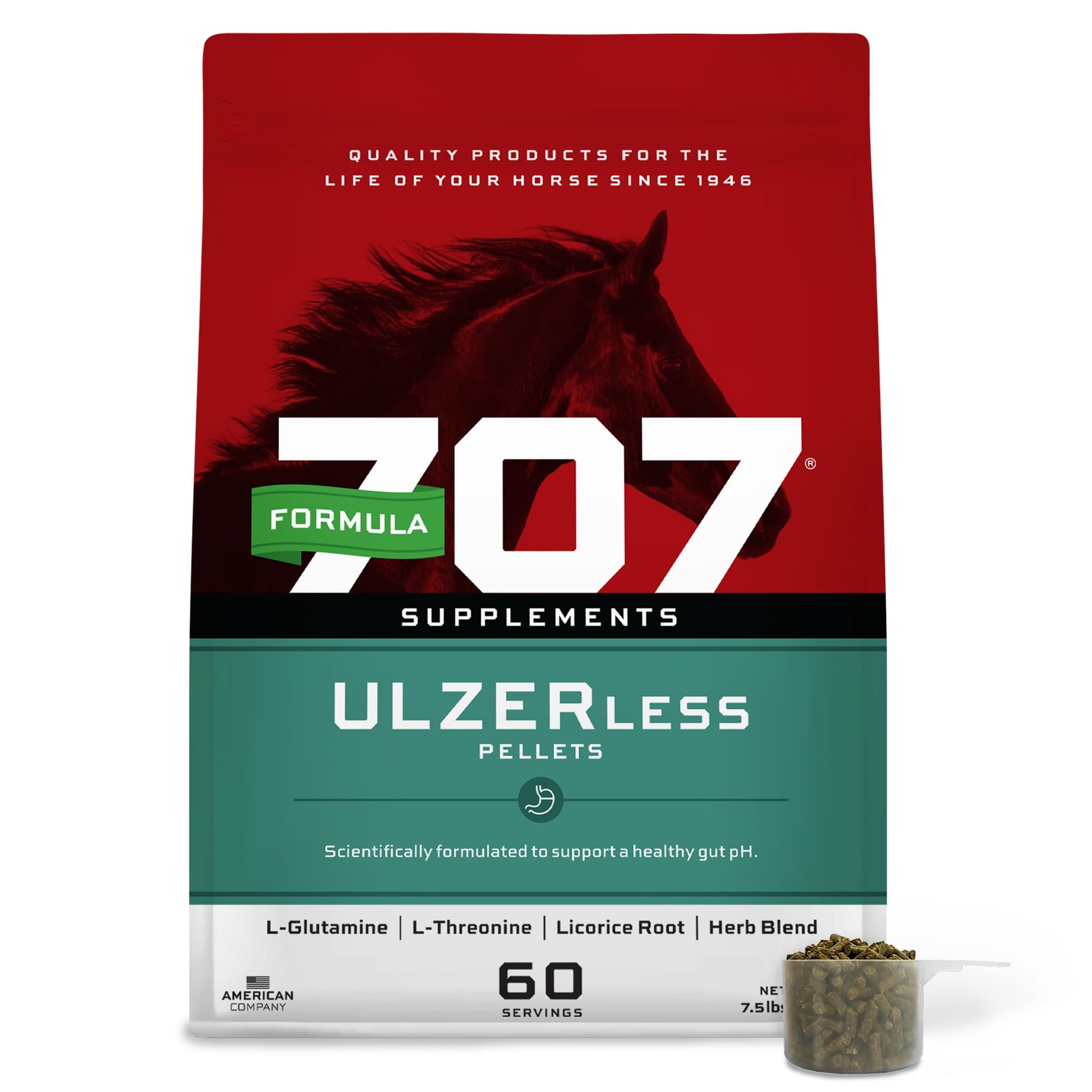 Bag of 707 Supplements Ulzerless Pellets for horses with a red and green design.