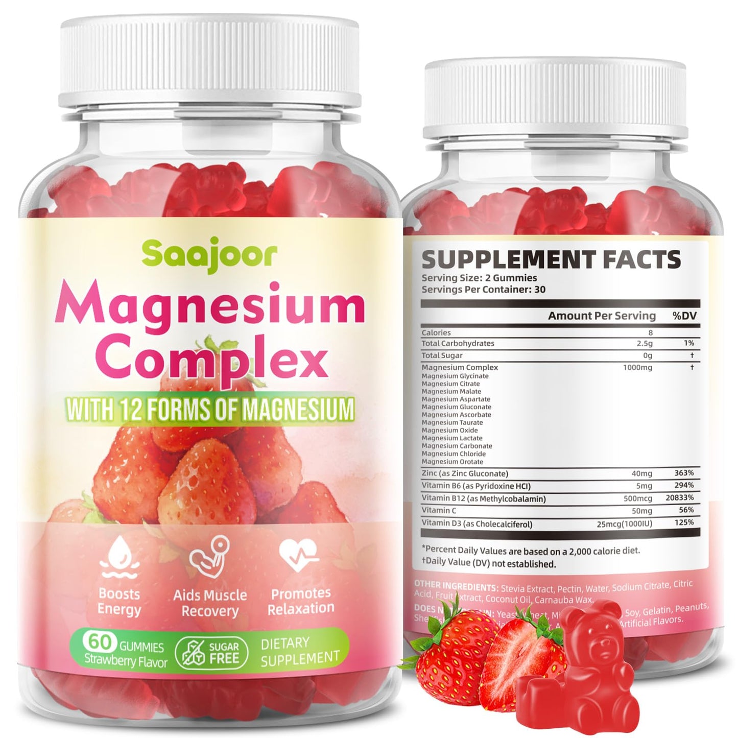 Two bottles of Saajoor Magnesium Complex gummy vitamins with strawberry flavor on a white background.