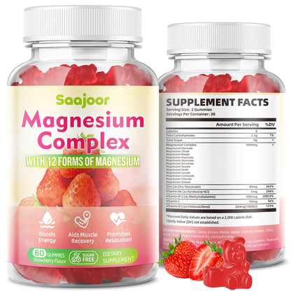 Two bottles of Saajoor Magnesium Complex gummy vitamins with strawberry flavor on a white background.