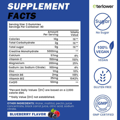 eterlower Creatine Monohydrate Gummies 5g – Pre-Workout Energy & Muscle Growth Support for Men & Women | Blueberry Electrolyte Gummies, 120 Count