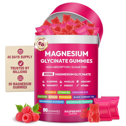 Magnesium Glycinate Gummies 600mg, High Absorption Magnesium Complex, Sugar Free Chewables Gummies with VitaminD & B6