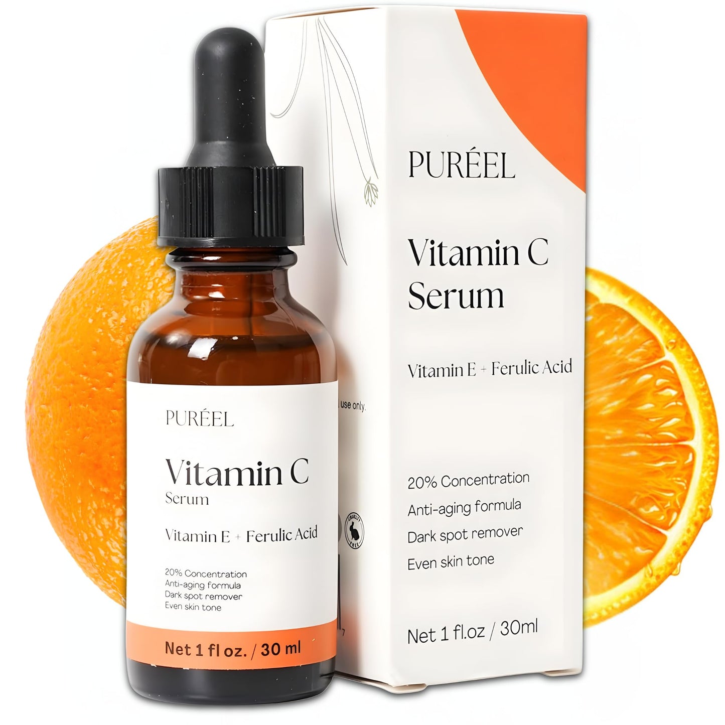 Puréel 20% Vitamin C Serum for Face – Brightening Serum with Vitamin E & Ferulic Acid – Anti-Aging, Dark Spot Remover, Even Skin Tone, Wrinkle Reduction & Radiant Glow – 1 fl oz