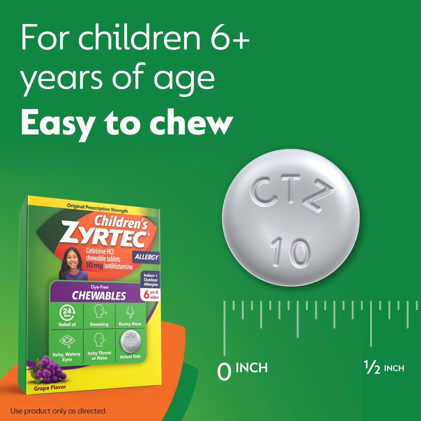 Zyrtec Children's Dye-Free Chewables for 24 Hour Allergy Relief, 10 mg Cetirizine Hydrochloride Antihistamine Tablets, Kids Allergy Medicine Relieves Sneezing & Itchy Throat, Grape, 48 ct Zyrtec buy supplements Au