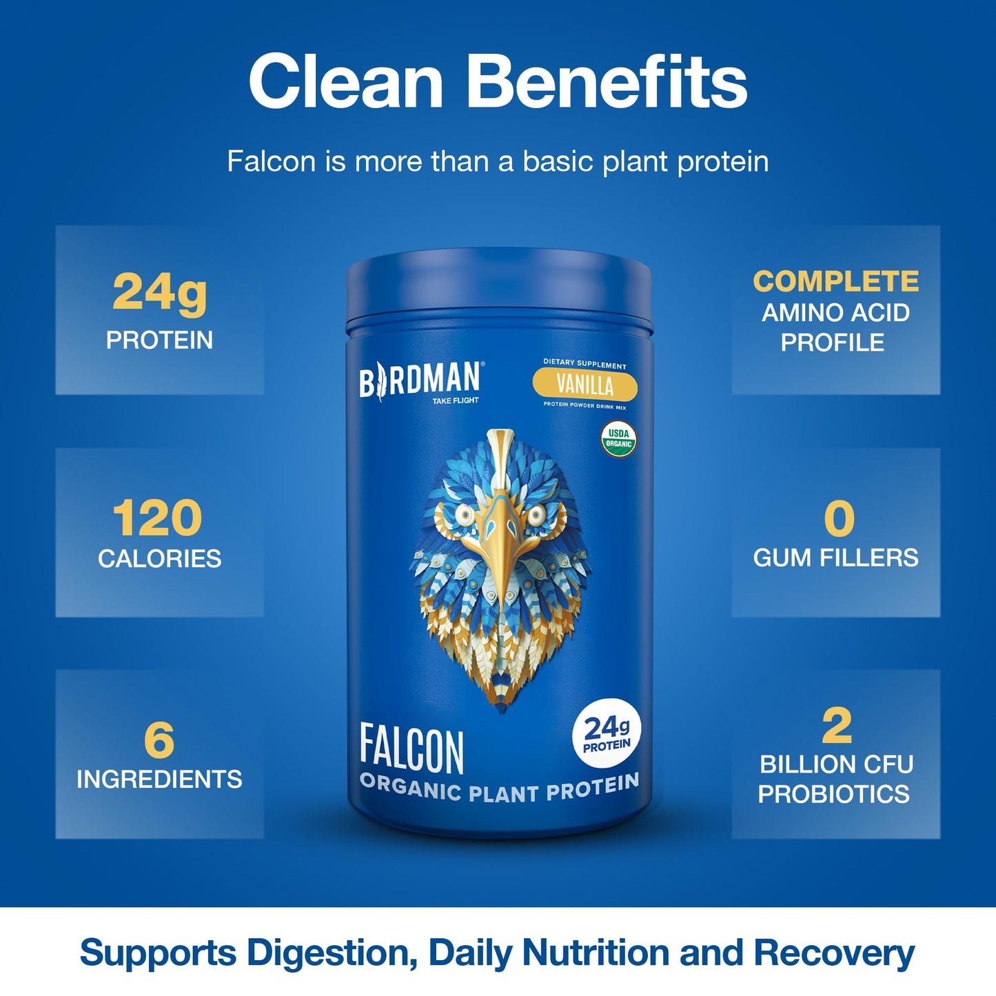 BIRDMAN Falcon Organic Vegan Protein Powder Vanilla, 24g Protein, Sugar Free, Probiotics, Low Carb, Keto Friendly, Dairy Free, Lactose Free, Non Whey
