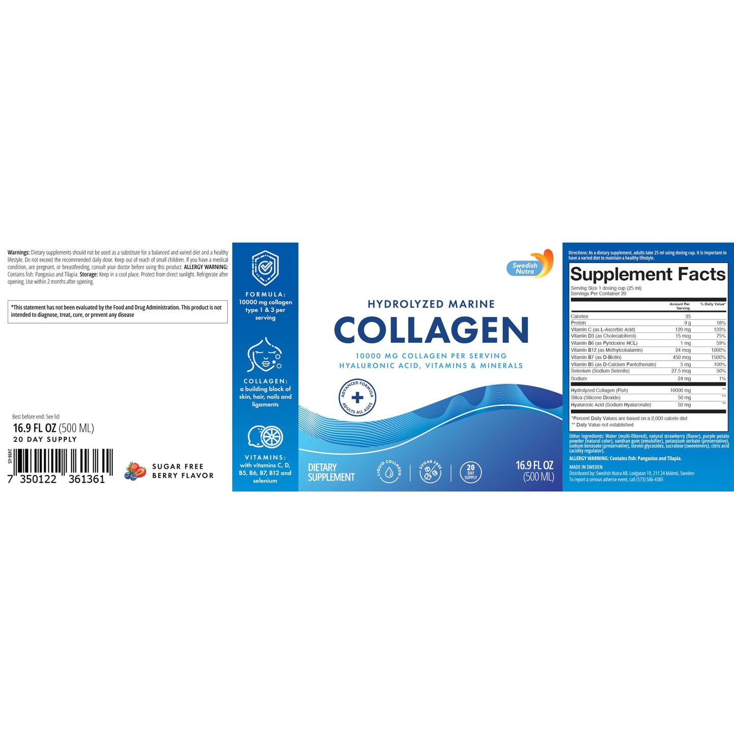 Swedish Nutra 10,000 mg Hydrolyzed Marine Collagen Liquid Supplement - 500 ml, 20 Day Supply | Hyaluronic Acid, Biotin & Vitamin C for Healthy Hair, Skin, Nails & Joints | For Men & Women | Sugar-Free Swedish Nutra buy supplements Au