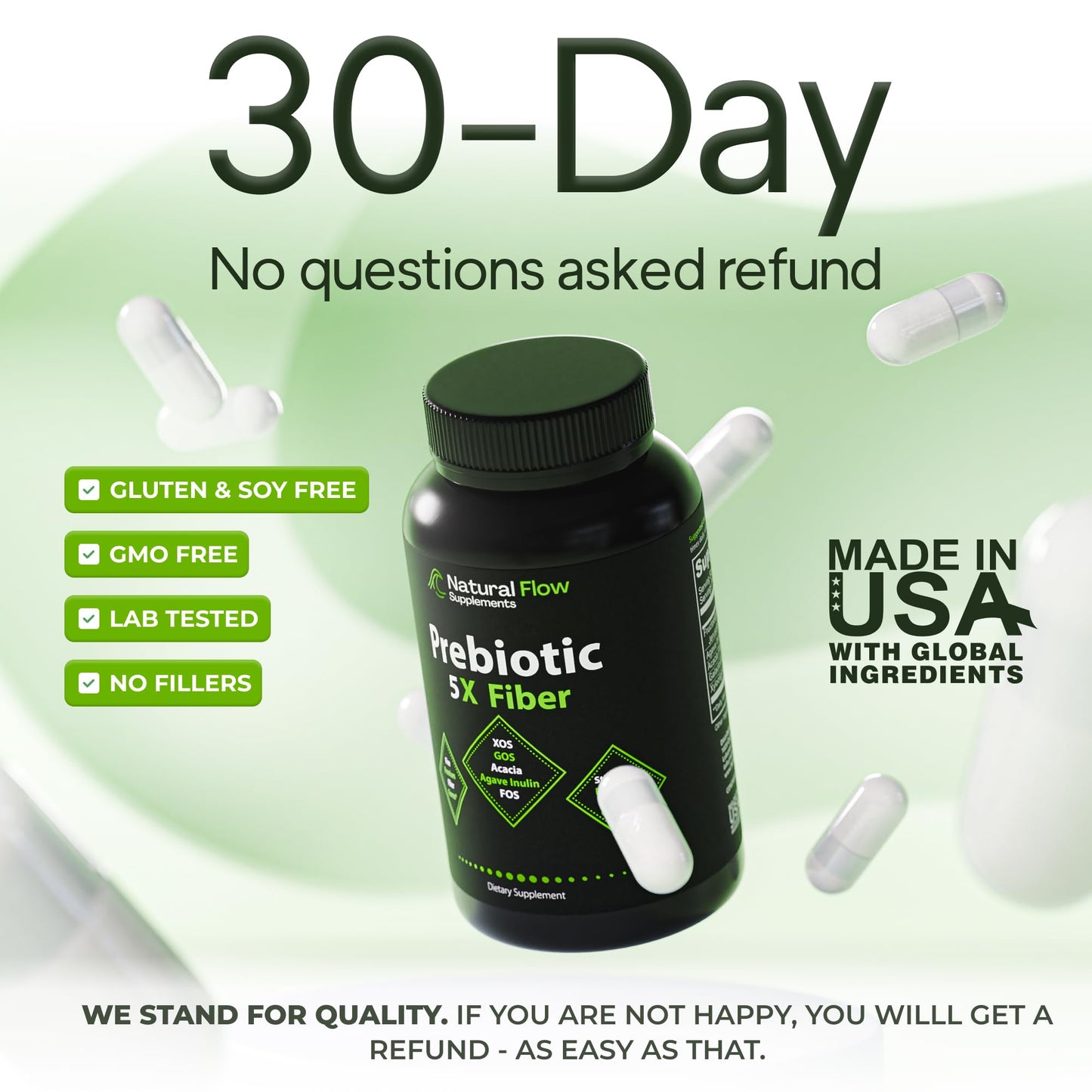 Prebiotic Fiber Supplement 5-in-1 Capsules - Natural Flow 5X Fiber XOS, GOS, FOS, Acacia and Agave Inulin, Daily Soluble Fiber Formula for Gut Support