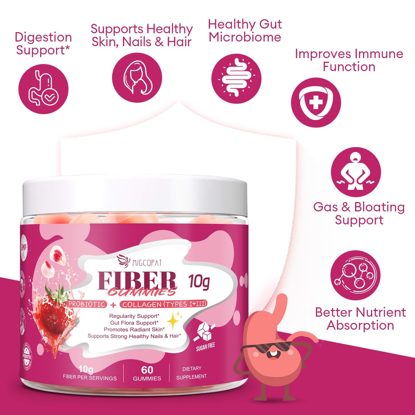 Migcopat 10G Fiber Gummies with Collagen Peptides, Hyaluronic Acid, Vitamin C, ACV, 30 Billion CFU Probiotics – Sugar Free Collagen Gummy for Skin, Hair & Nails – Digestive Health Support – 60 Cts MigcopatBuy Supplements Australia