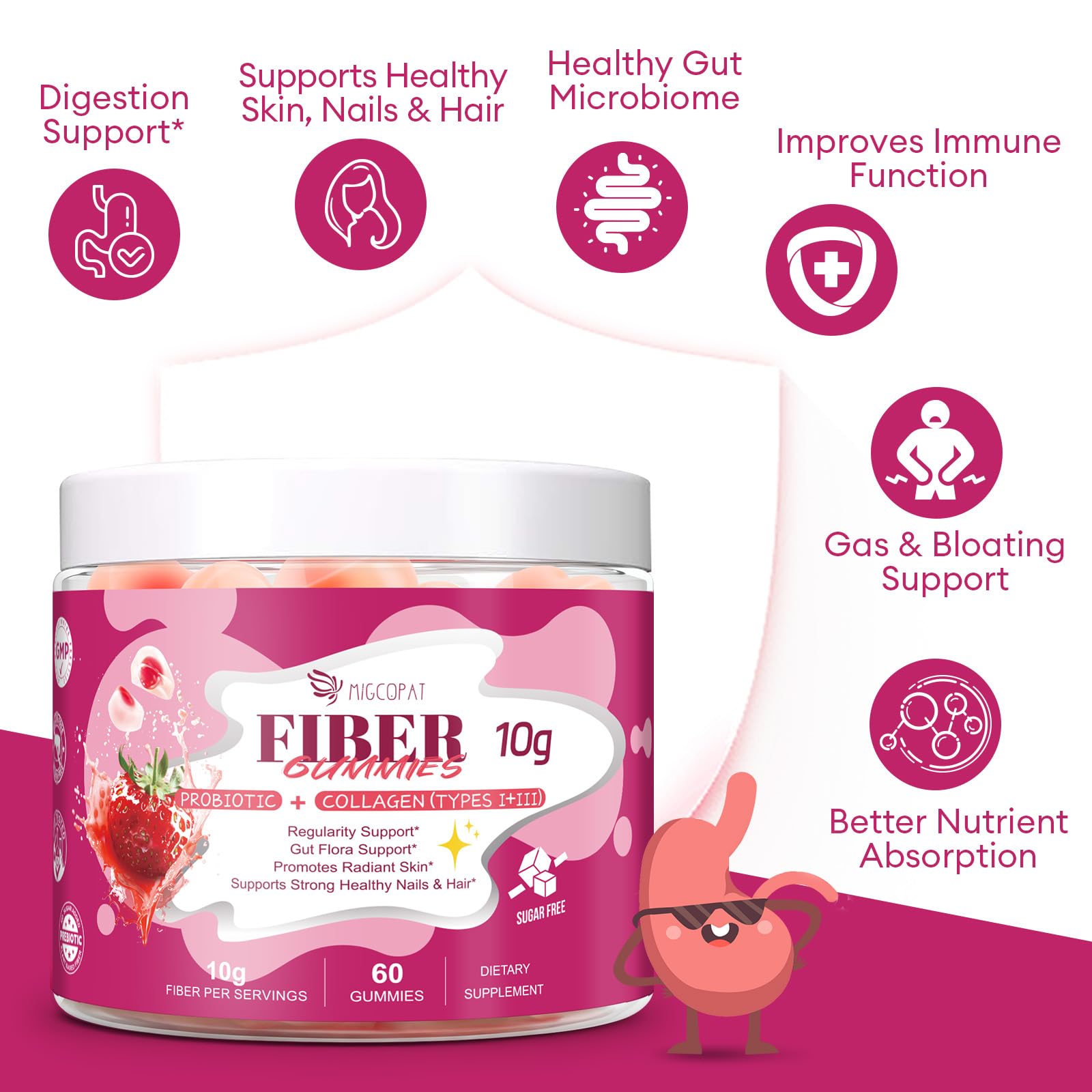 Migcopat 10G Fiber Gummies with Collagen Peptides, Hyaluronic Acid, Vitamin C, ACV, 30 Billion CFU Probiotics – Sugar Free Collagen Gummy for Skin, Hair & Nails – Digestive Health Support – 60 Cts MigcopatBuy Supplements Australia