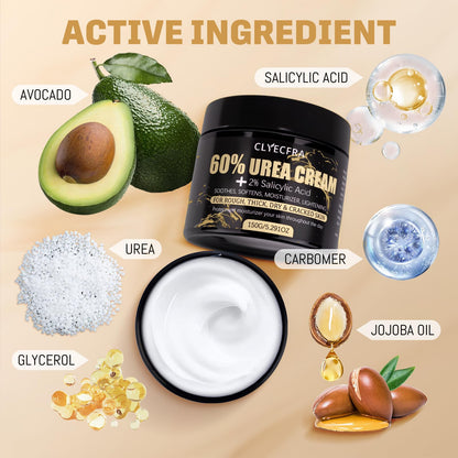 Clyecfra 60% Urea Cream with 2% Salicylic Acid, Urea Cream 60 Percent for Feet & Hands- Maximum Strength Moisturizer for Rough, Dry, Thick & Cracked Skin, Callus Remover, Deep Hydration, 150g