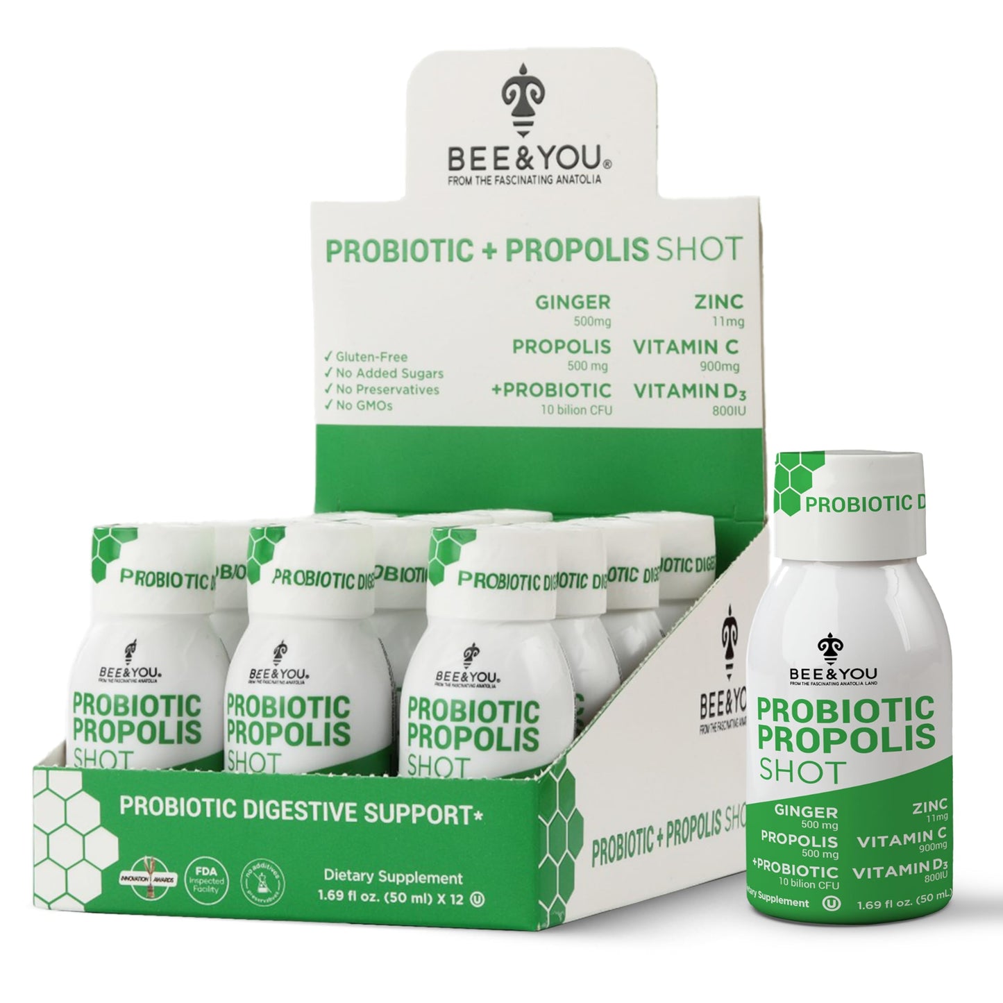 Bee & You probiotic and propolis shots with packaging on a white background