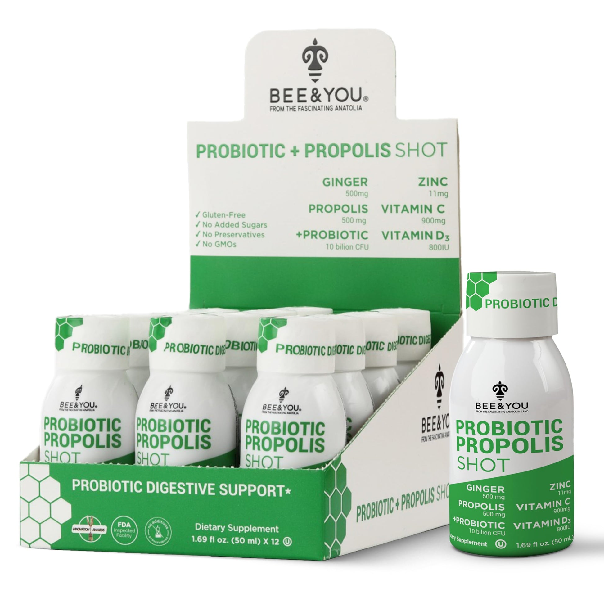 Bee & You probiotic and propolis shots with packaging on a white background