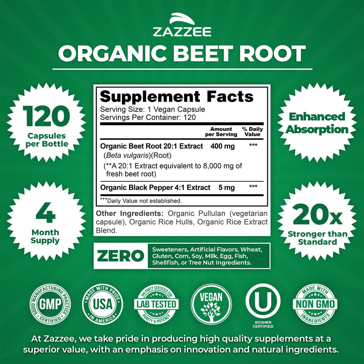 Zazzee USDA Organic Beet Root 20:1 Extract, 120 Vegan Quick Release Capsules, 4 Month Supply, Nitric Oxide Support, Black Pepper Extract for Enhanced Absorption