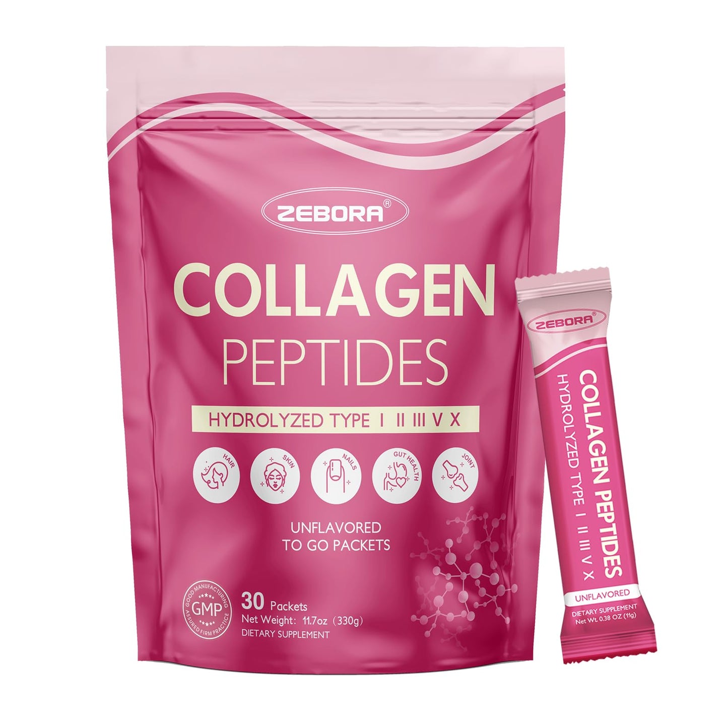 ZEBORA Multi Collagen Peptides Powder Packets with Hyaluronic Acid, Biotin, MCT - Hydrolyzed Collagen with 5 Billion Probiotics