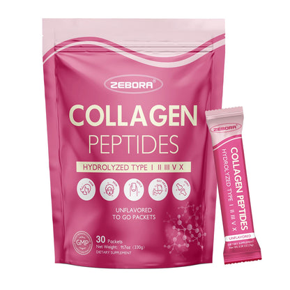 ZEBORA Multi Collagen Peptides Powder Packets with Hyaluronic Acid, Biotin, MCT - Hydrolyzed Collagen with 5 Billion Probiotics