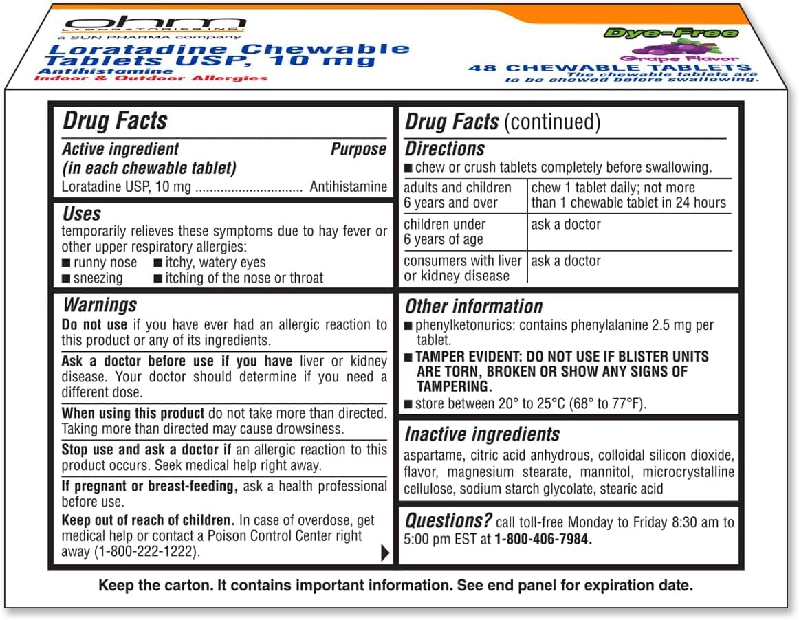 Ohm Loratadine 10mg, Chewable Tablets, Non-Drowsy Antihistamine for Indoor & Outdoor Allergies | Grape Flavor, Dye-Free, Allergy Relief (Large, 48, Count) Ohm buy supplements Au