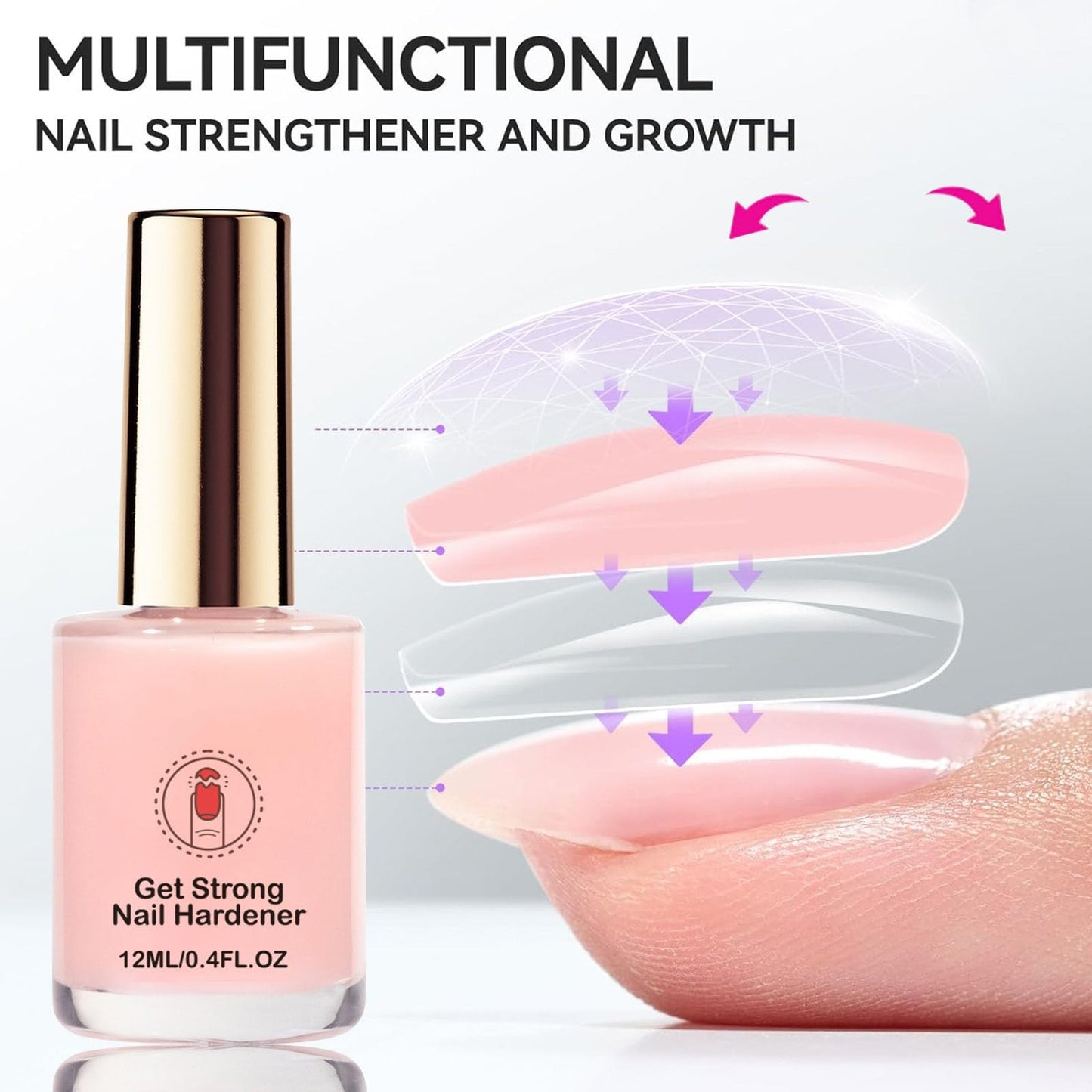 Nail Strengthener for Women, Pink Nail Hardener Extra Strong and Growth, Long-Lasting Quick Dry, Nail Strengthening Polish for Weak Brittle