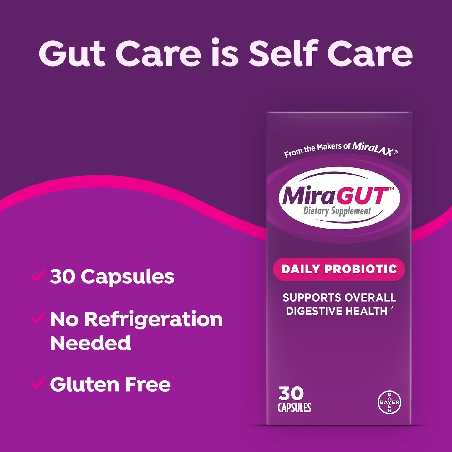 MiraGUT Daily Probiotic, from the Makers of MiraLAX, Probiotics for Digestive Health, Gluten-Free Supplement, Probiotic for Women and Men