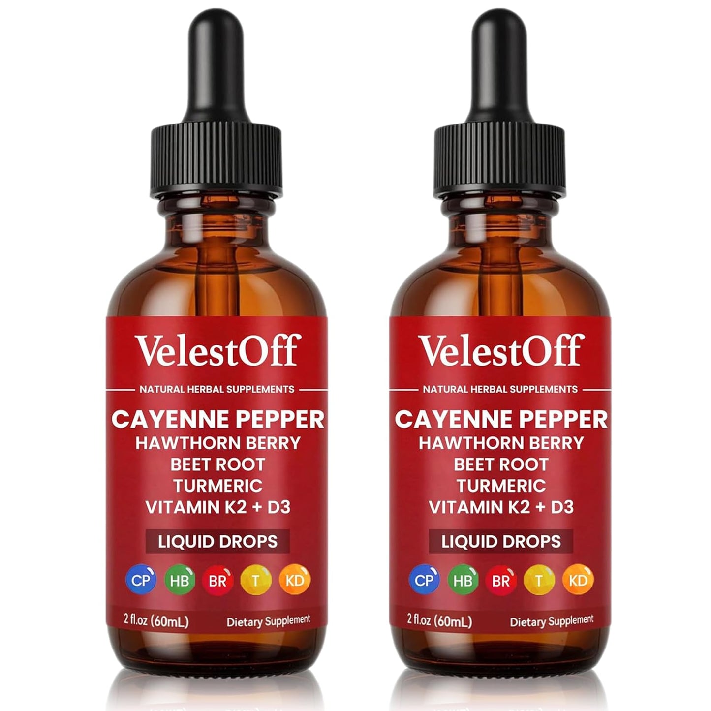Two bottles of VelestOff Cayenne Pepper liquid drops on a white background