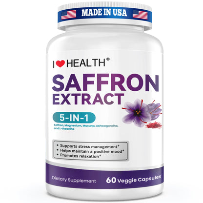 I LOVE HEALTH Saffron Supplement – 88.5mg with Magnesium Glycinate, Ashwagandha & L-Theanine for Stress Relief, Calm Mood & Emotional Balance – Made in USA – 60 Capsules