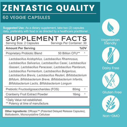 Zentastic Probiotics & Prebiotics Supplement - 50 Billion CFU - for Men & Women’s Immune & Digestive Health - 16 Strains - Shelf Stable