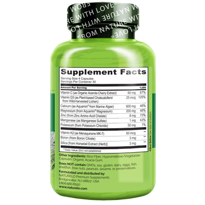 NATURELO Calcium Supplement - with Vitamin C, Vitamin D3, K2, and Calcium Magnesium Zinc for Bone Strength with Calcium 600mg - Plant-Based, 120 Vegetarian Capsules
