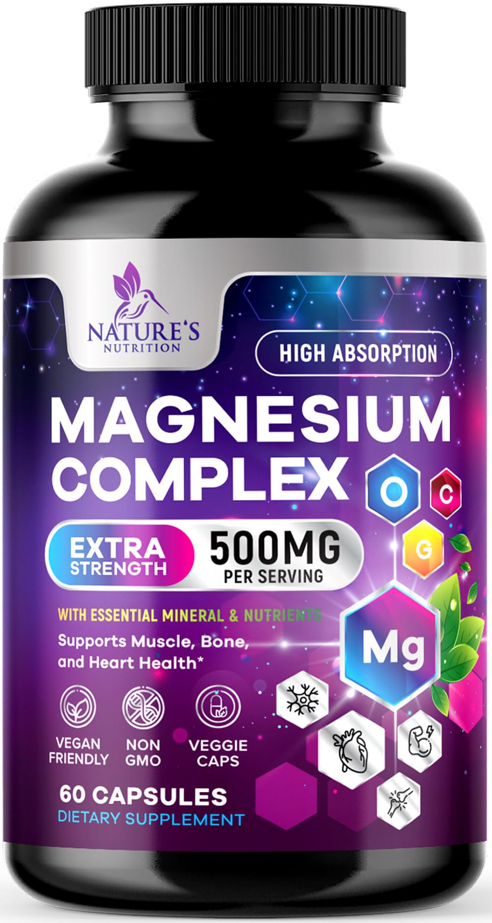 Supplement bottle labeled 'Magnesium Complex' by Nature's Nutrition on a black background.