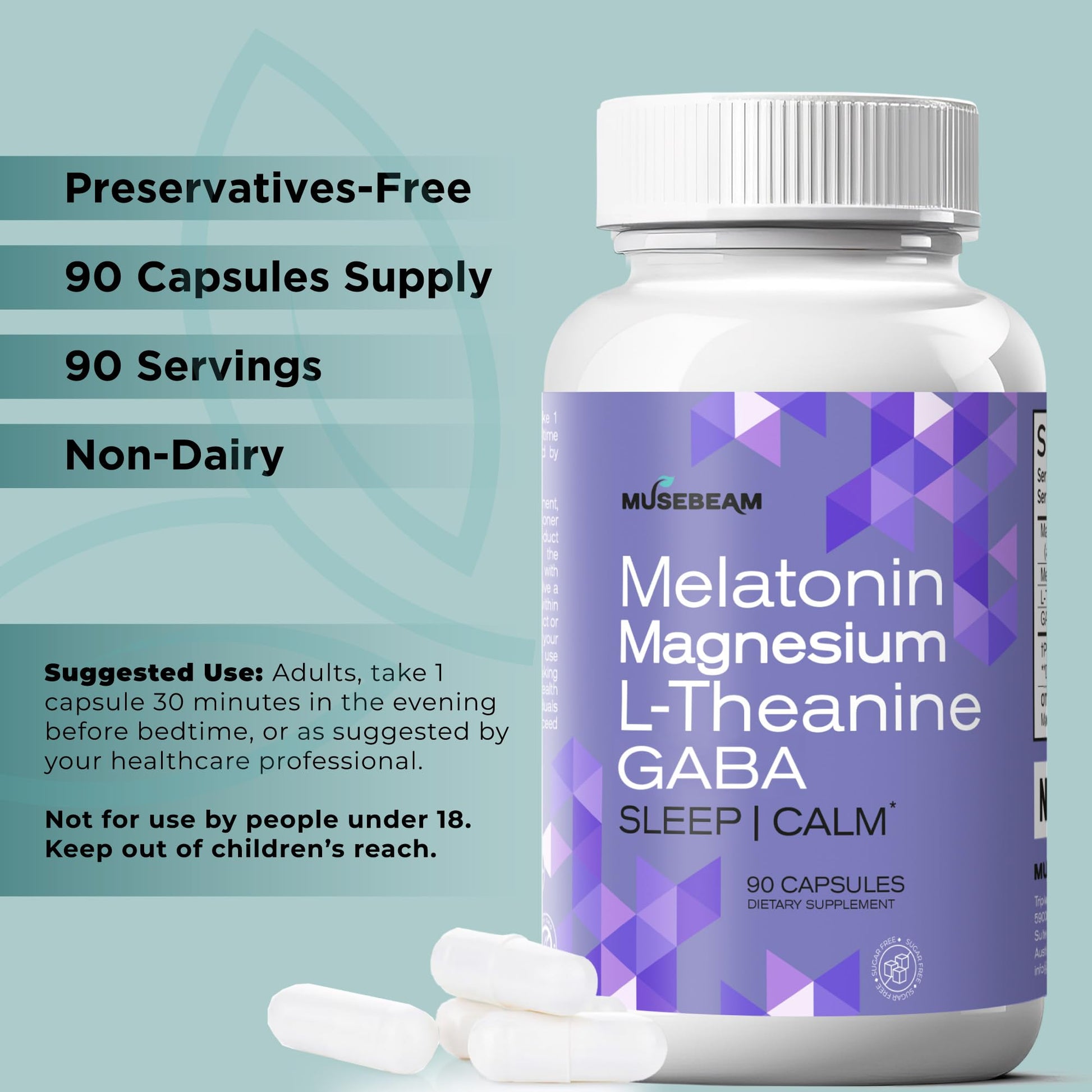 MuseBeam Magnesium Glycinate 275mg Melatonin 5mg L-Theanine 200mg GABA 100mg Capsules - Full Rest Nighttime Bedtime Support Supplement for Men Women - Vegan Sugar-Free Gluten-Free musebeamBuy Supplements Australia