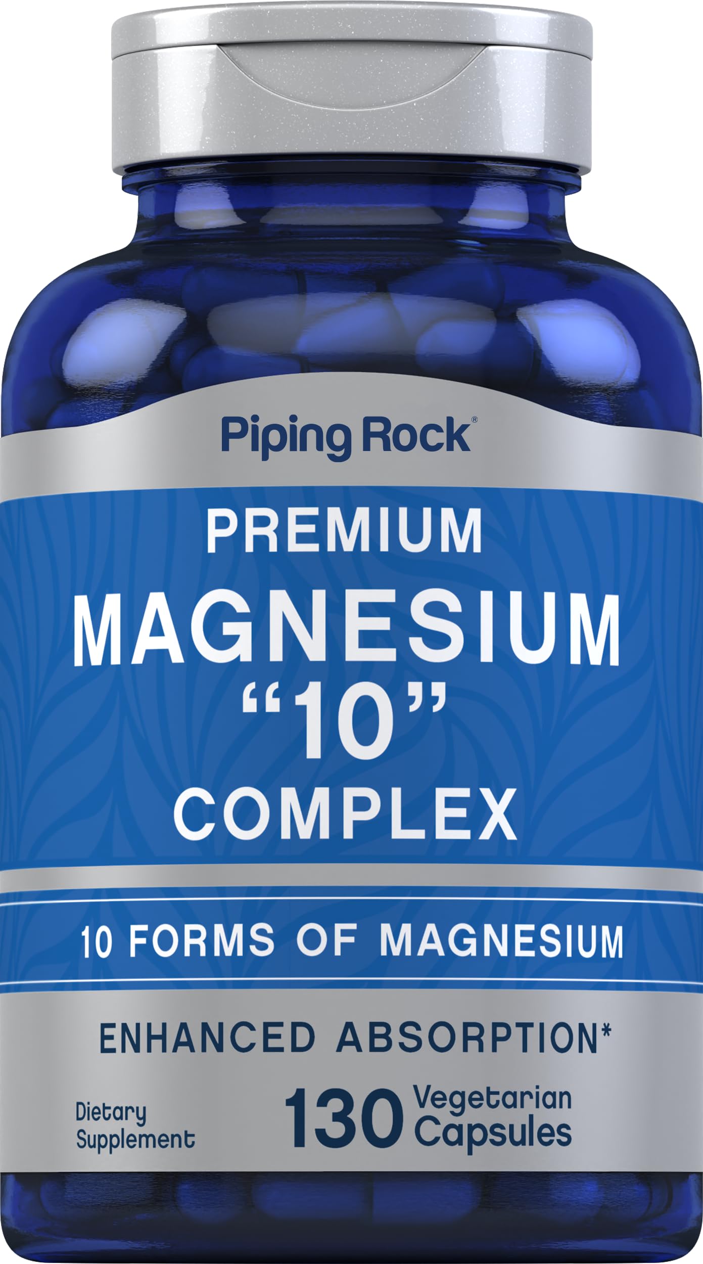 Blue supplement bottle labeled 'Premium Magnesium 10 Complex' by Piping Rock on a white background.