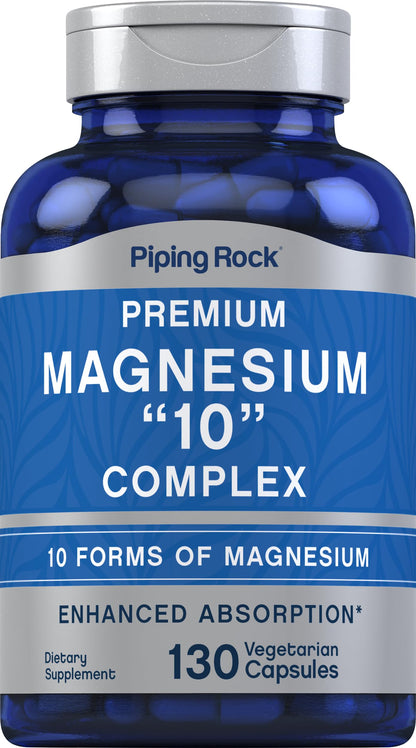 Blue supplement bottle labeled 'Premium Magnesium 10 Complex' by Piping Rock on a white background.