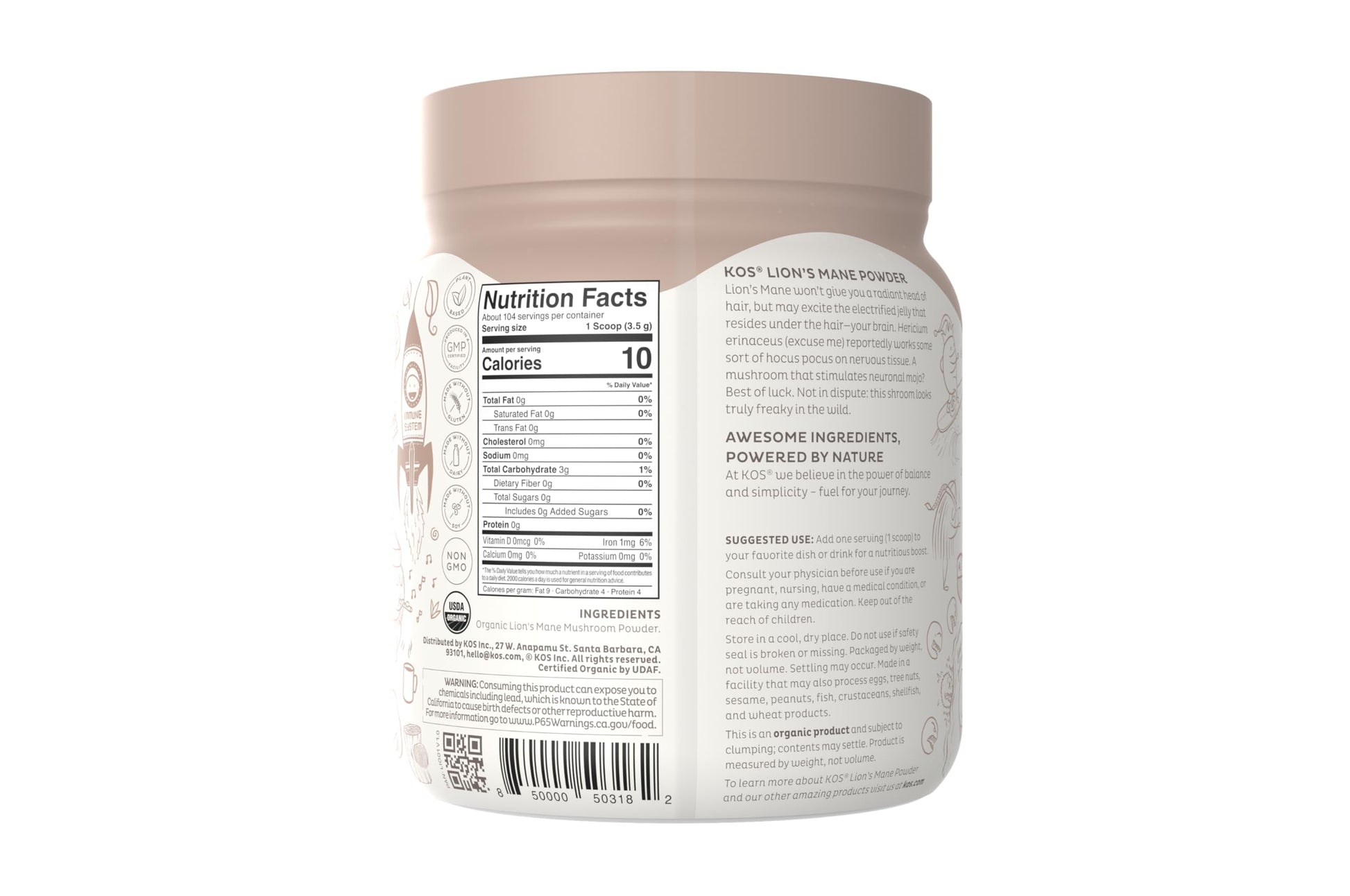 KOS Organic Lion's Mane Powder - Natural Nootropic Superfood - Vegan Functional Mushroom, Plant Based, USDA Certified, Non-GMO, Soy & Gluten-Free - 104 Servings KOS buy supplements Au